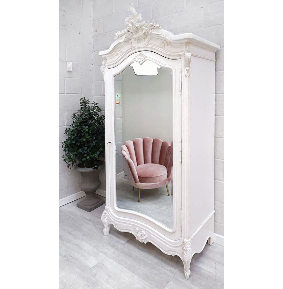 French Style White Mirrored Armoire Wardrobe | Nicky Cornell With Single French Wardrobes (Photo 15 of 15)