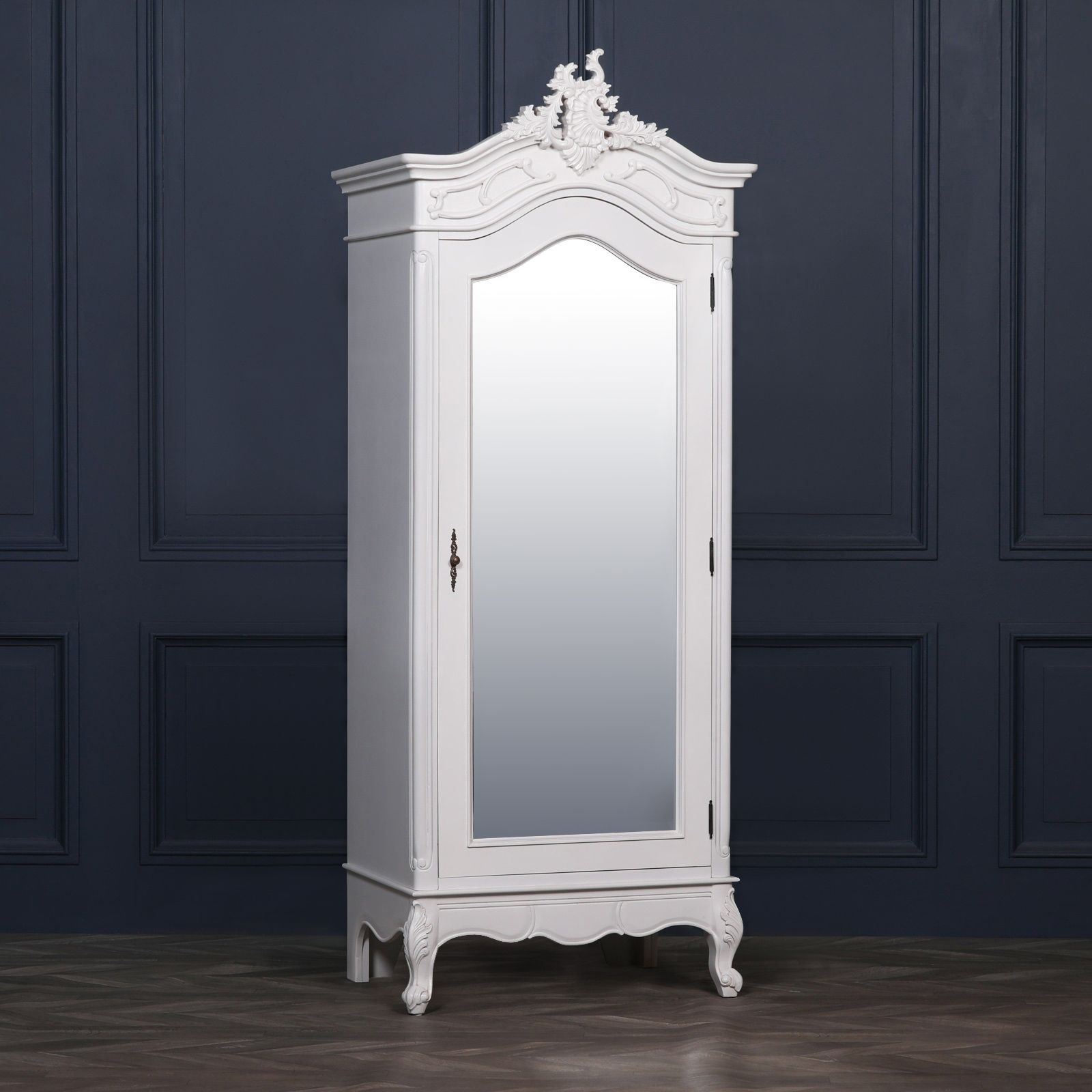 French White Carved Single Door Armoire With Mirrored Door – Maison  Reproductions With Single Door Mirrored Wardrobes (View 10 of 15)