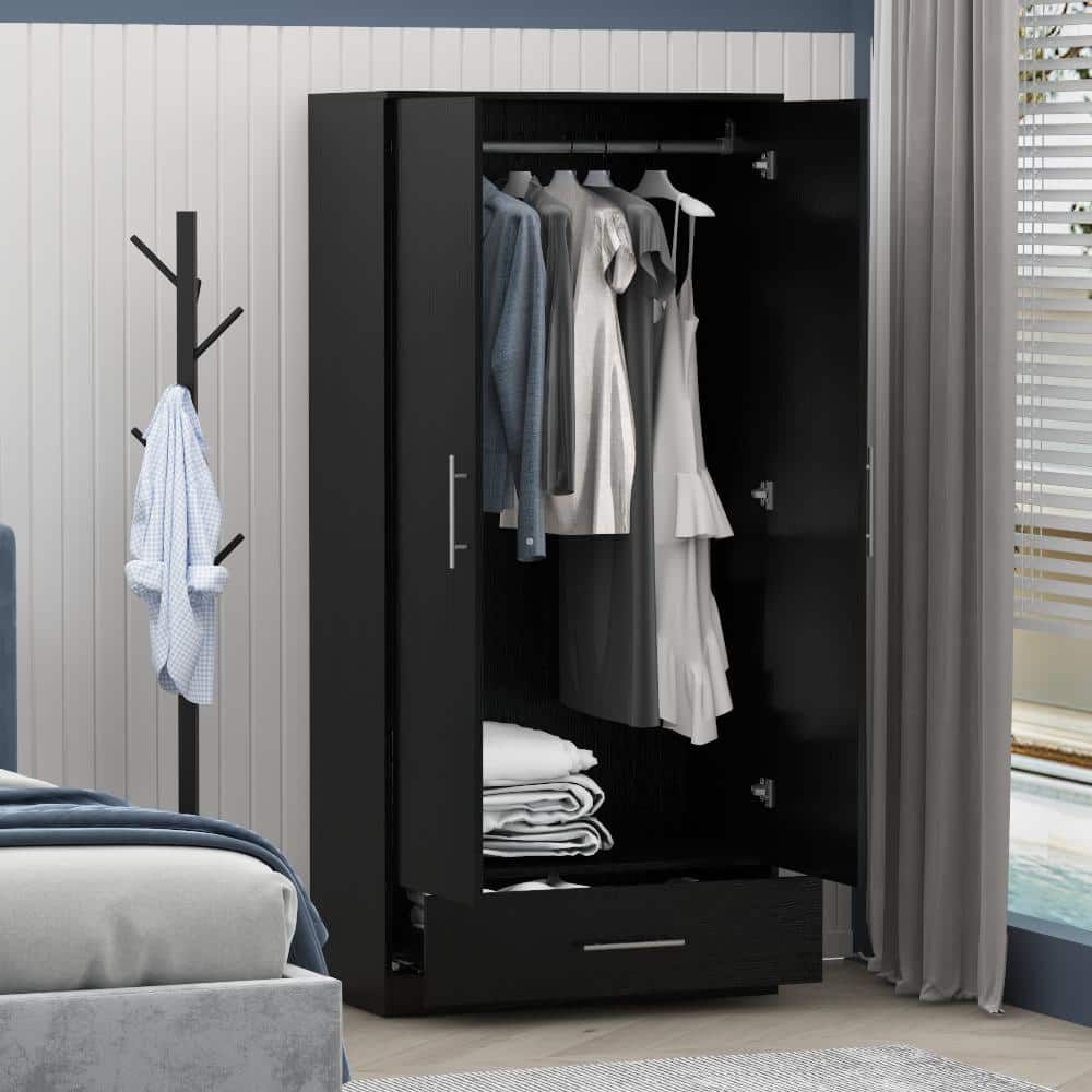 Fufu&gaga Black 2 Door Wardrobe Armoire With 1 Drawers And Hanging Rod 66.9  In. H X 31.5 In. W X 18.9 In (View 9 of 15)