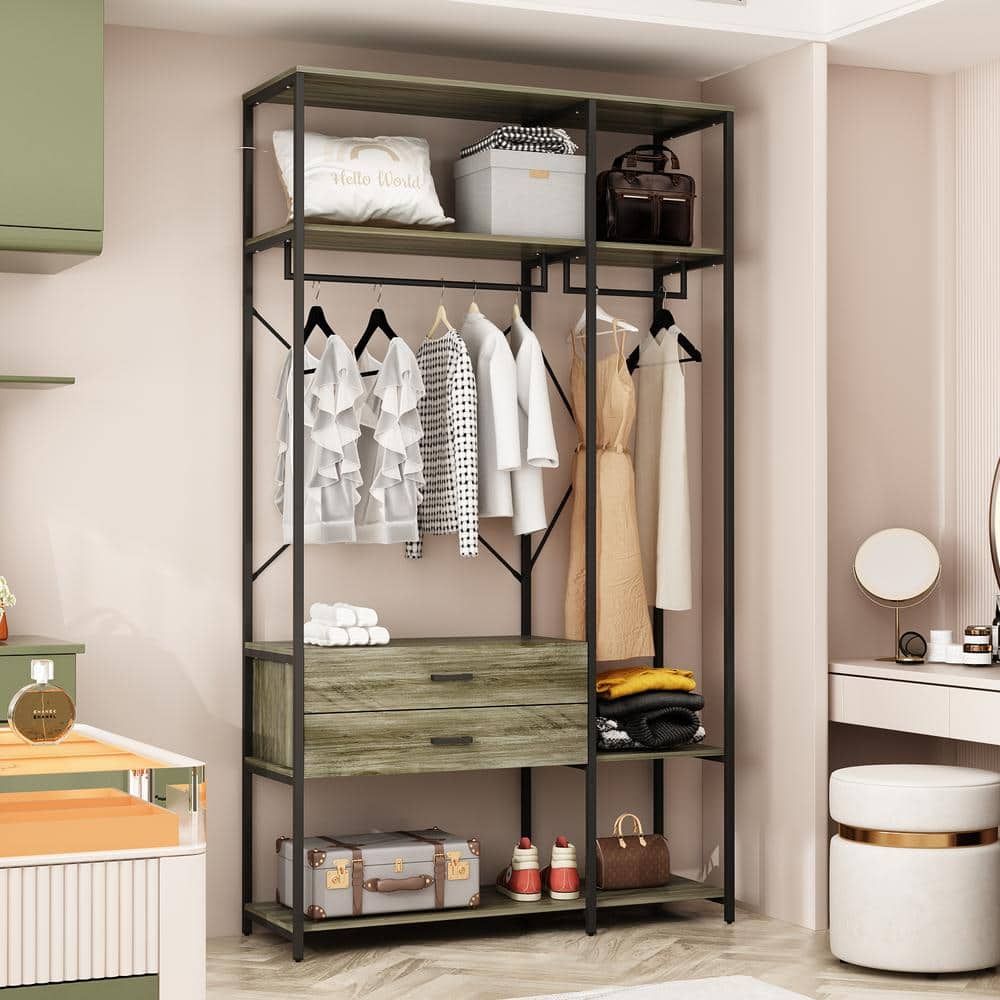 Fufu&gaga Black And Brown Metal Frame 47.2 In. W Armoires Wardrobe With  Hanging Rods And Open Shelf, Drawers Kf020382 02 Kpl – The Home Depot Regarding Metal Wardrobes (Photo 15 of 15)