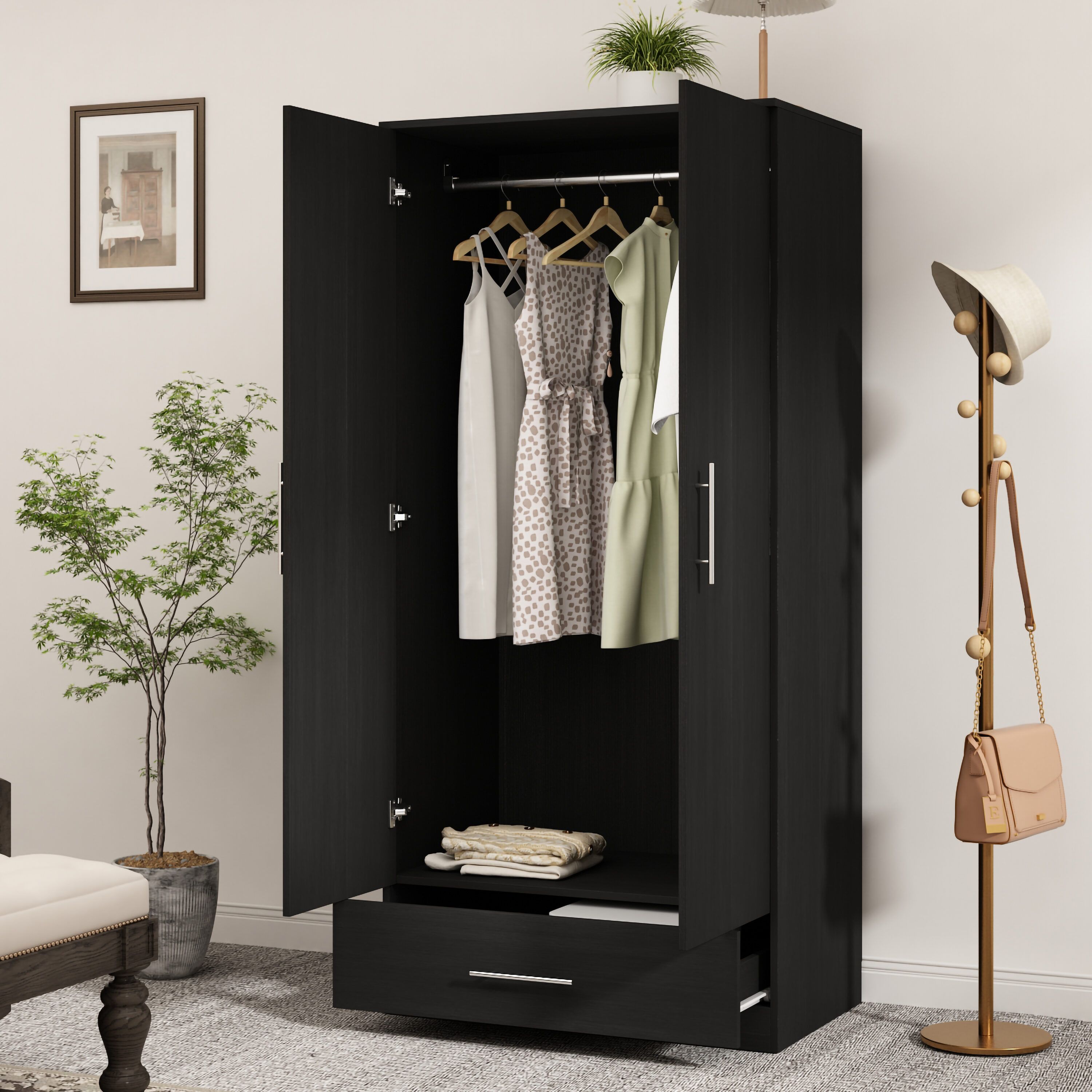 Fufu&gaga Black Armoire In The Armoires Department At Lowes Regarding Black Single Door Wardrobes (Photo 1 of 15)