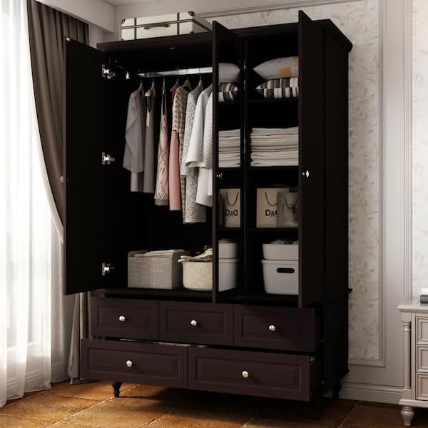Fufu&gaga Black Paint 47.2 In. W Big Wardrobe Armoires W/mirror, Hanging  Rod, Drawers, Adjustable Shelves 70.9 In. H X 20 In (View 6 of 15)