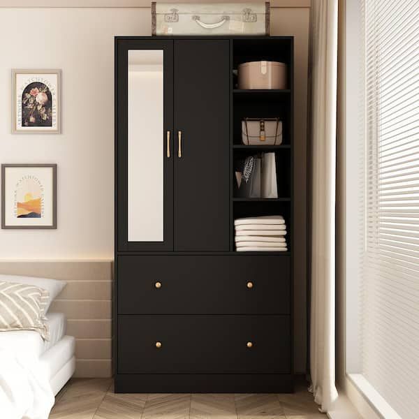Fufu&gaga Black Wood 35.5 In. W Armoires Wardrobe With Mirror, Pulling  Hanging Rod, Drawers, Shelves 15.8 In. D X 70.8 In. H Kf020269 02 – The  Home Depot In Black Wardrobes With Mirror (Photo 1 of 15)