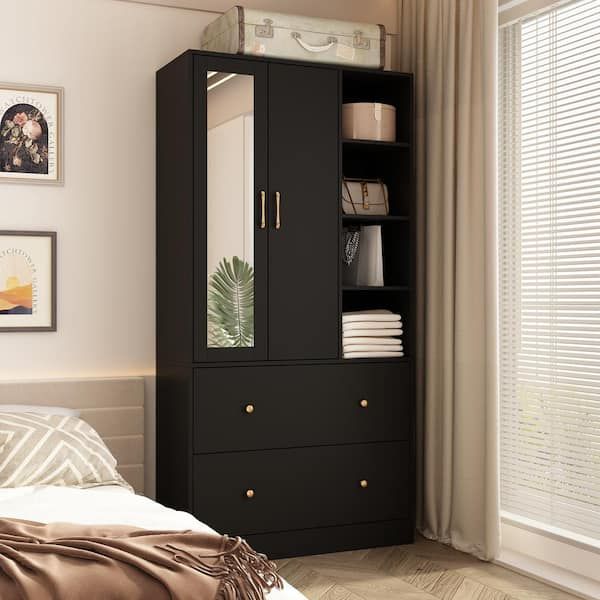 Fufu&gaga Black Wood 35.5 In. W Armoires Wardrobe With Mirror, Pulling  Hanging Rod, Drawers, Shelves 15.8 In. D X 70.8 In (View 7 of 15)