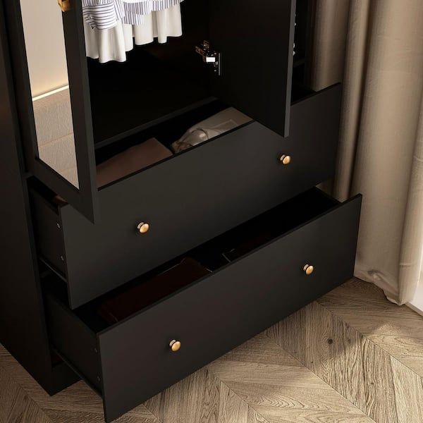 Fufu&gaga Black Wood 35.5 In. W Armoires Wardrobe With Mirror, Pulling  Hanging Rod, Drawers, Shelves 15.8 In. D X 70.8 In. H Kf020269 02 – The  Home Depot Regarding Black Wardrobes With Mirror (Photo 10 of 15)