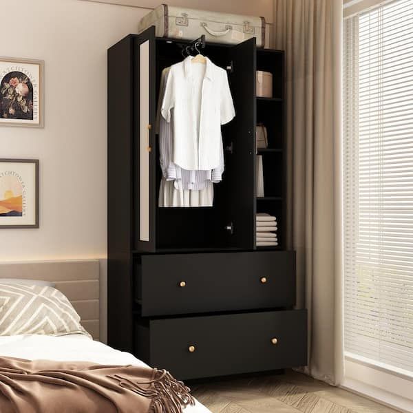 Fufu&gaga Black Wood 35.5 In. W Armoires Wardrobe With Mirror, Pulling  Hanging Rod, Drawers, Shelves 15.8 In. D X 70.8 In. H Kf020269 02 – The  Home Depot With Regard To Black Wardrobes With Mirror (Photo 5 of 15)
