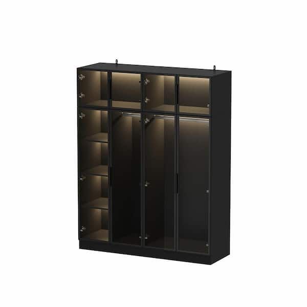 Fufu&gaga Black Wood 59.1 In. W Tempered Glass Doors Wardrobe Armoires  Aluminum Frame With Led Lights, Hanging Rods And Shelves Kf020411 012 – The  Home Depot For Black Wood Wardrobes (Photo 3 of 15)
