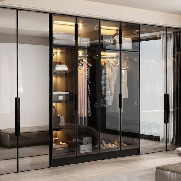 Fufu&gaga Black Wood 59.1 In. W Tempered Glass Doors Wardrobe Armoires  Aluminum Frame With Led Lights, Hanging Rods And Shelves Kf020411 012 – The  Home Depot In Black Glass Wardrobes (Photo 14 of 15)