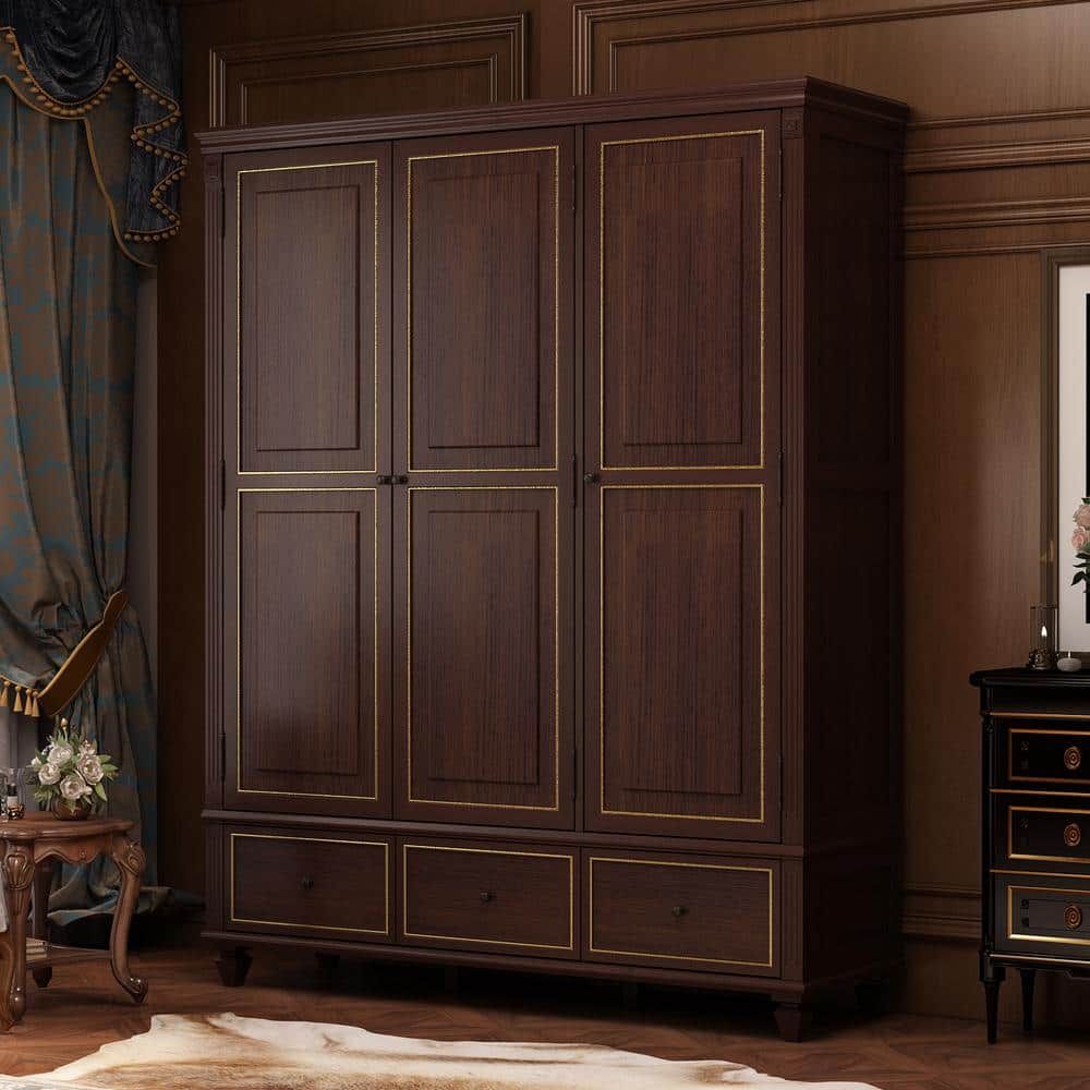 Fufu&gaga Brown 3 Door Big Wardrobe Armoires With Hanging Rod 3 Drawers  Storage Shelves (78.7 In. H X 63 In. W X 18.9 In. D) Kf390017 01 – The Home  Depot For 3 Door Wardrobes With Drawers And Shelves (Photo 13 of 15)