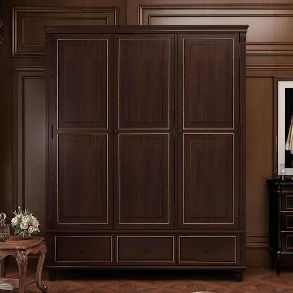 Fufu&gaga Brown 3 Door Big Wardrobe Armoires With Hanging Rod 3 Drawers  Storage Shelves (78.7 In. H X 63 In. W X 18.9 In (View 12 of 15)