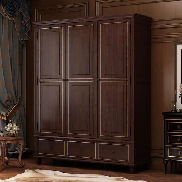Fufu&gaga Brown 3 Door Big Wardrobe Armoires With Hanging Rod 3 Drawers  Storage Shelves (78.7 In. H X 63 In. W X 18.9 In (View 4 of 15)