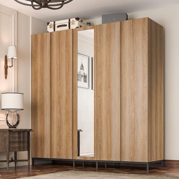 Fufu&gaga Brown Wodoen 82.7 In. Width Large Wall Wide Armoire, Wardrobe  With Mirrored Door, 2 Hanging Rods And 11 Shelves L Thd 200211 01 Ltl C –  The Home Depot With Oak Mirrored Wardrobes (Photo 6 of 15)