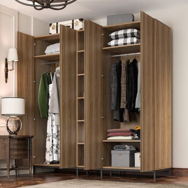 Fufu&gaga Brown Wodoen 82.7 In. Width Large Wall Wide Wardrobe, Armoire  With Mirrored Door, 2 Hanging Rods And 11 Shelves L Thd 200211 01 Ltl – The  Home Depot Intended For Large Wooden Wardrobes (Photo 14 of 15)