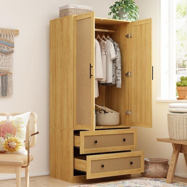 Fufu&gaga Brown Wooden Grain 31.4 In. Width Wooden Wardrobe, Armoire With  2 Tier Drawers And Hanging Bar L Thd 020380 01 – The Home Depot Throughout Cheap Wooden Wardrobes (Photo 15 of 15)