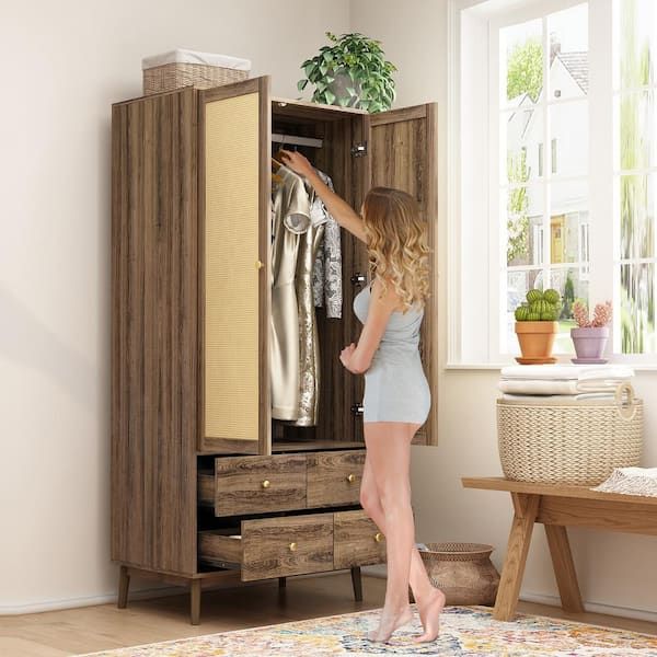 Fufu&gaga Brown Woven 2 Doors 31.4 In. W Armoire Wood Wardrobe With Hanging  Rods, 4 Drawers (19.6 In. D X 70.8 In. H) Kf020381 01 – The Home Depot Intended For Cheap Wood Wardrobes (Photo 15 of 15)