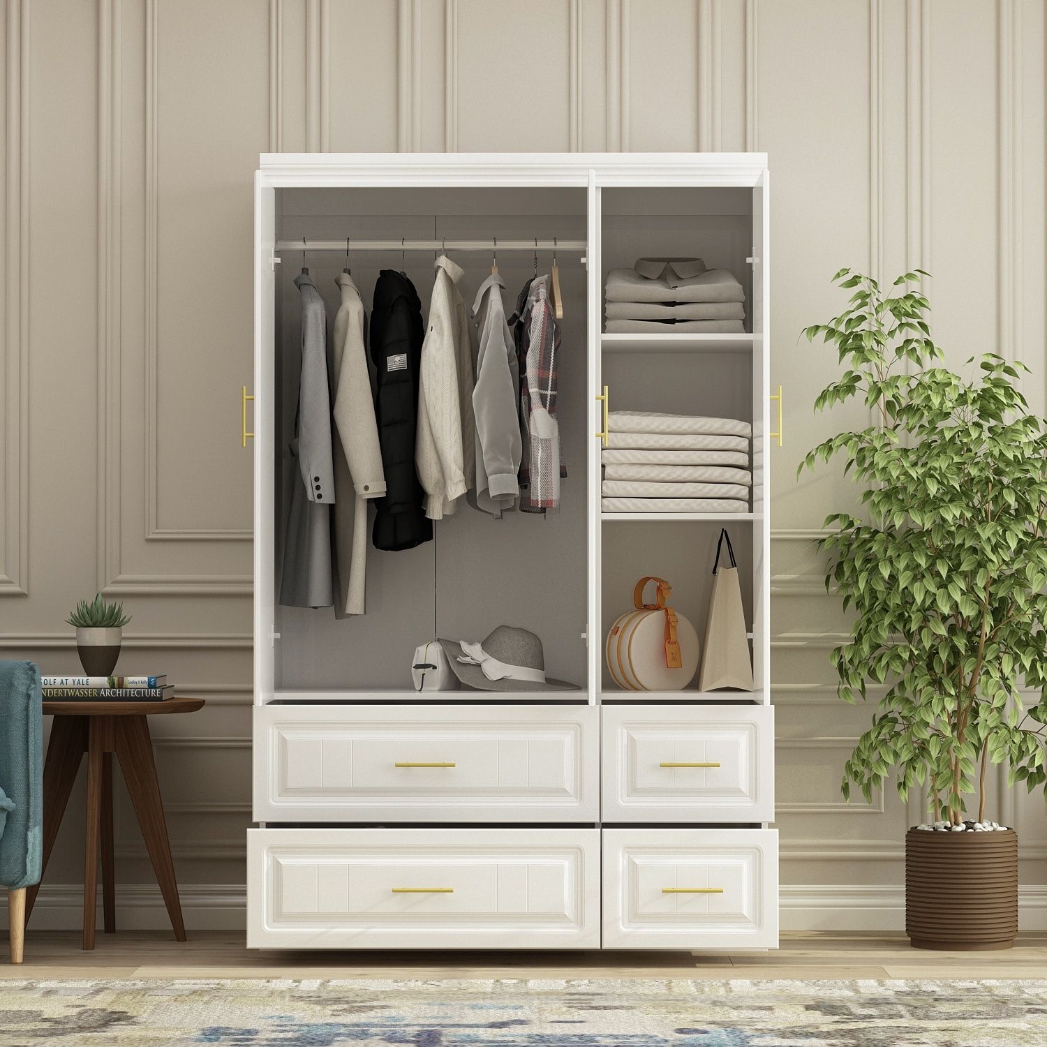 Fufu&gaga Large Armoire Combo Wardrobes Closet Storage Cabinet White – On  Sale – Bed Bath & Beyond – 36502870 With Large White Wardrobes With Drawers (Photo 11 of 15)