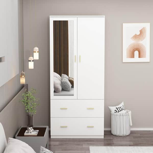 Fufu&gaga White 2 Door Armoires With Mirror, Hanging Rod, 2 Drawers And Storage  Shelves( 18.9 In. D X 31.5 In. W X 72 In. H) Kf330013 045 – The Home Depot Inside 2 Door Wardrobes With Drawers And Shelves (Photo 14 of 15)