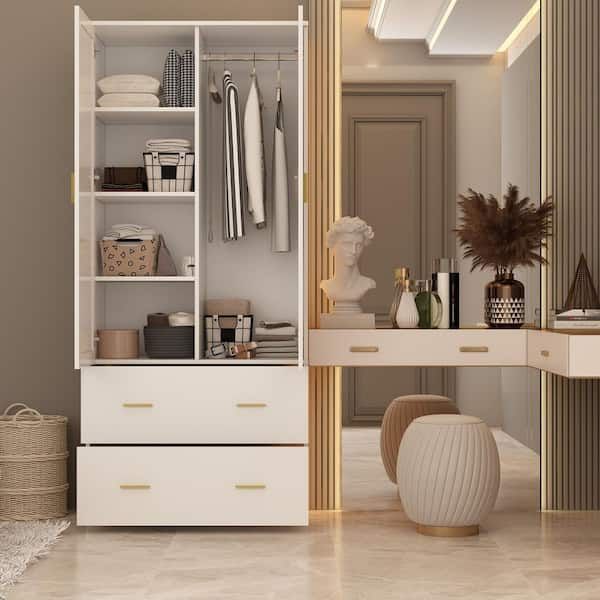 Fufu&gaga White 2 Door Armoires With Mirror, Hanging Rod, 2 Drawers And  Storage Shelves( 18.9 In. D X 31.5 In. W X 72 In. H) Kf330013 045 – The  Home Depot With Regard To Cheap Wardrobes And Chest Of Drawers (Photo 7 of 15)