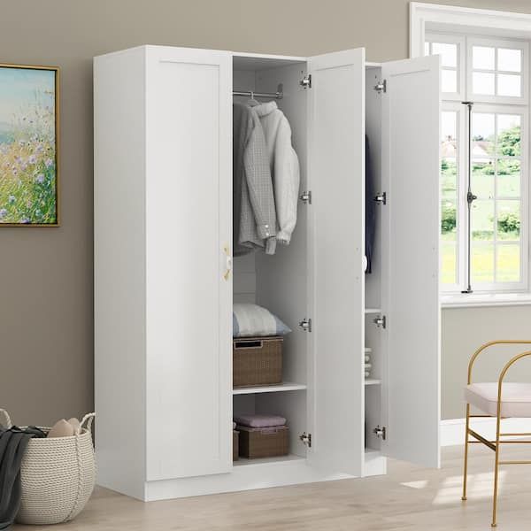Fufu&gaga White 3 Doors Armoires Wardrobe With Hanging Rod And Storage  Cubes 69.6 In. H X 47.2 In. W X 19.6 In. D Kf310028 – The Home Depot For 3 Door White Wardrobes With Drawers (Photo 8 of 15)