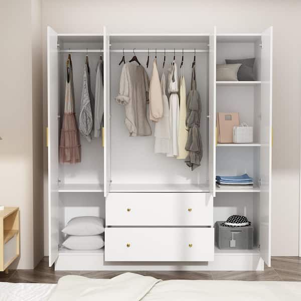 Fufu&gaga White 4 Door Armoires With Mirror, 2 Hanging Rods, 2 Drawers And  Storage Shelves (19.7 In. D X 63 In. W X 70.9 In. H) Kf330062 012 – The  Home Depot In 4 Door Wardrobes With Mirror And Drawers (Photo 12 of 15)
