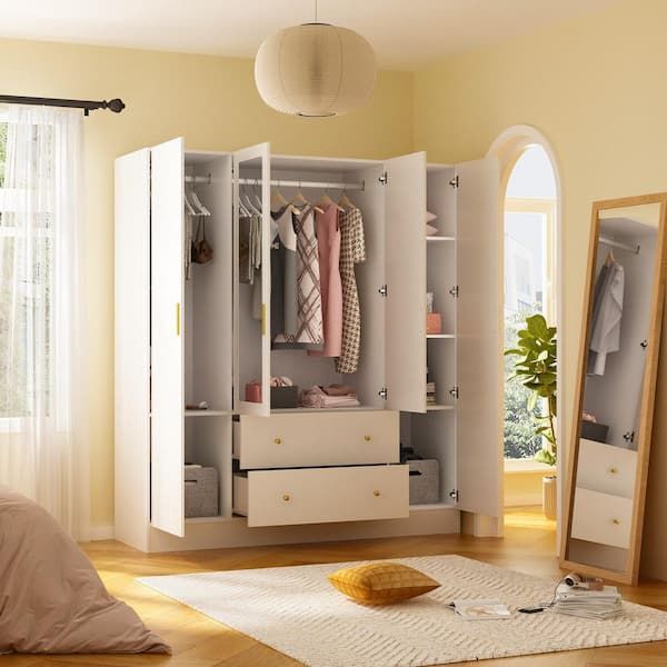 Fufu&gaga White 4 Door Armoires With Mirror, 2 Hanging Rods, 2 Drawers And  Storage Shelves (19.7 In. D X 63 In. W X 70.9 In. H) Kf330062 012 – The  Home Depot Intended For Mirrored Wardrobes With Drawers (Photo 10 of 15)