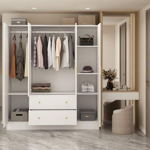 Fufu&gaga White 4 Door Armoires With Mirror, 2 Hanging Rods, 2 Drawers And  Storage Shelves (19.7 In. D X 63 In. W X 70.9 In. H) Kf330062 012 – The  Home Depot With 4 Door Wardrobes With Mirror And Drawers (Photo 10 of 15)