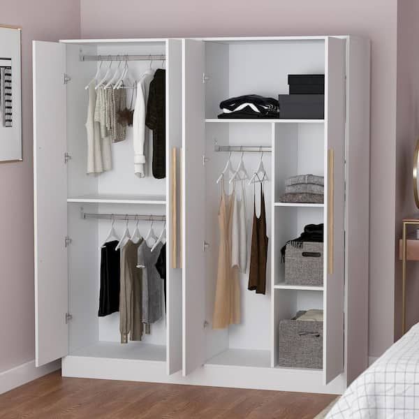 Fufu&gaga White 4 Door Wardrobe Armoire With Hanging Rod And Storage  Shelves (70.9 In. H X 61.7 In. W X 19.7 In. D) Kf210109 – The Home Depot Regarding Wardrobes With Double Hanging Rail (Photo 11 of 15)