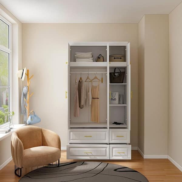 Fufu&gaga White 6 Door Big Wardrobe Armoires With Hanging Rod, 4 Drawers,  Storage Shelves 93.7 In. H X 47.2 In. W X 20.6 In. D Kf250022 0123 – The  Home Depot For Wardrobes With 4 Shelves (Photo 9 of 15)