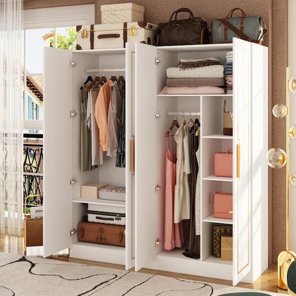 Fufu&gaga White 63 In. W Big Wardrobe Armoires Gold Texture Finish W/2  Hanging Rods, Shelves(70.1 In. H X 18.9 In. D) Kf020405 012 – The Home Depot Pertaining To Hanging Wardrobes Shelves (Photo 12 of 15)