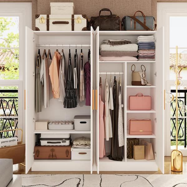 Fufu&gaga White 63 In. W Big Wardrobe Armoires Gold Texture Finish W/2  Hanging Rods, Shelves(70.1 In. H X 18.9 In (View 8 of 15)