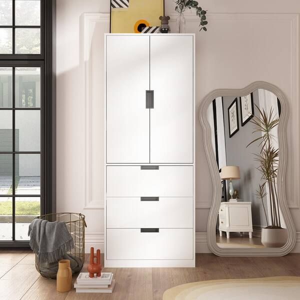 Fufu&gaga White Wood 27.6 In. W Kids Armoires Wardrobe With Sliding Hanging  Rods, 3 Drawers (15.7 In. D X 70.9 In (View 5 of 15)