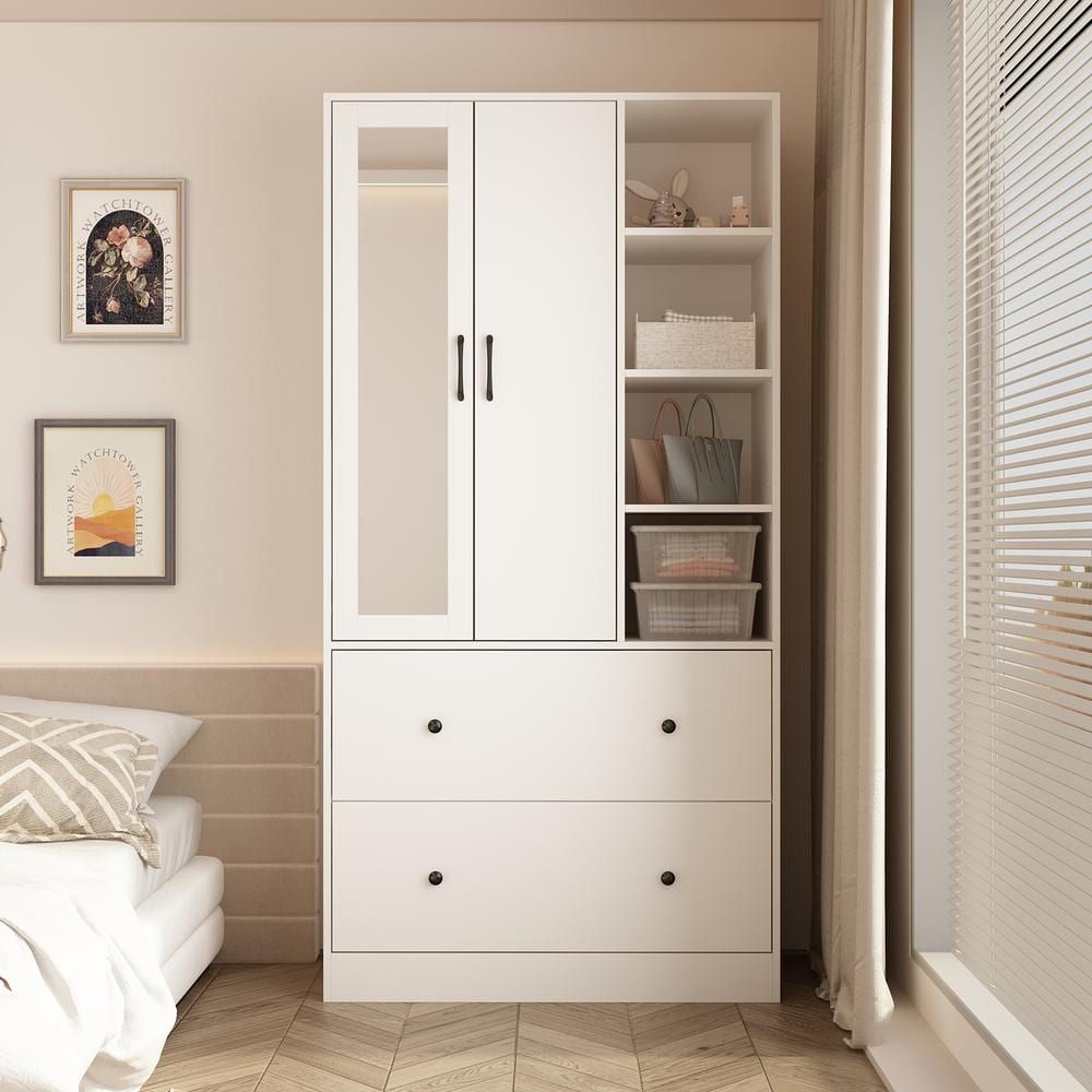 Fufu&gaga White Wood 35.5 In. W Armoires Wardrobe With Mirror, Pulling  Hanging Rod, Drawers, Shelves 15.8 In. D X 70.8 In (View 11 of 15)