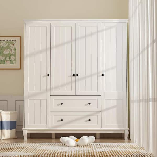 Fufu&gaga White Wood 63 In. W 4 Door Big Armoires Wardrobe With Hanging  Rod, 2 Drawers, Storage Shelves(18.9 In. D X 71.3 In. H) Kf020285 0102 –  The Home Depot Intended For White Wooden Wardrobes (Photo 14 of 15)