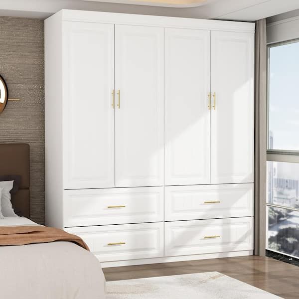 Fufu&gaga White Wood 63 In. W 4 Door Big Wardrobe Armoires With Hanging  Rod, Drawers, Storage Shelves 74.2 In. H X 20.6 In. D Kf250023 012 – The  Home Depot For Wardrobes With 4 Shelves (Photo 11 of 15)
