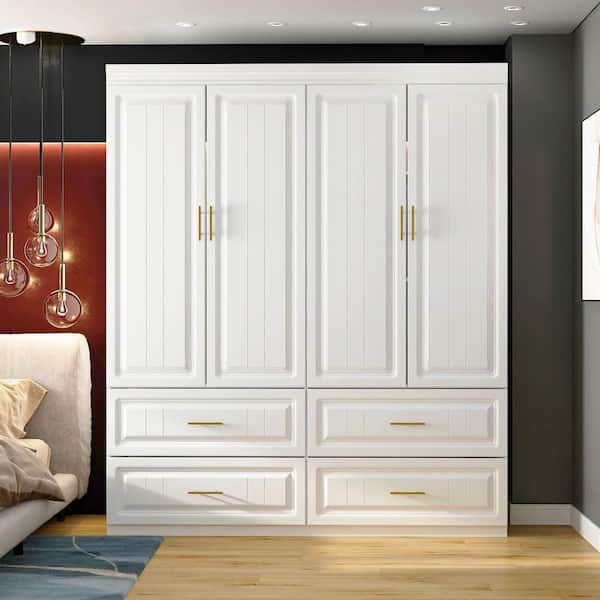 Fufu&gaga White Wood 63 In. W 4 Door Big Wardrobe Armoires With Hanging  Rod, Drawers, Storage Shelves 74.2 In. H X 20.6 In. D Kf250023 012 – The  Home Depot Intended For White Wood Wardrobes With Drawers (Photo 5 of 15)
