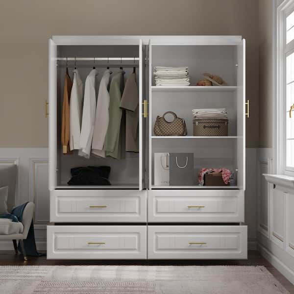 Fufu&gaga White Wood 63 In. W 4 Door Big Wardrobe Armoires With Hanging  Rod, Drawers, Storage Shelves 74.2 In. H X 20.6 In. D Kf250023 012 – The  Home Depot Pertaining To Cheap Wardrobes With Drawers (Photo 9 of 15)