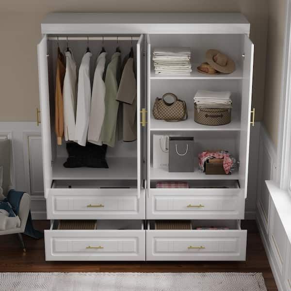 Fufu&gaga White Wood 63 In. W 4 Door Big Wardrobe Armoires With Hanging  Rod, Drawers, Storage Shelves 74.2 In. H X 20.6 In. D Kf250023 012 – The  Home Depot Regarding Double Wardrobes With Drawers And Shelves (Photo 6 of 15)