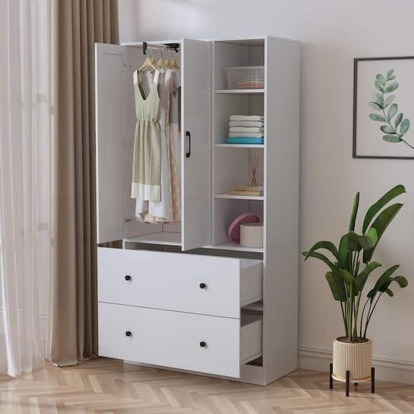 Fufu&gaga White Wood Armoires Wardrobe W/mirror, Pulling Hanging Rod,  Drawers, Shelves 15.8 In. D X 35.5 In. W X 70.8 In (View 15 of 15)