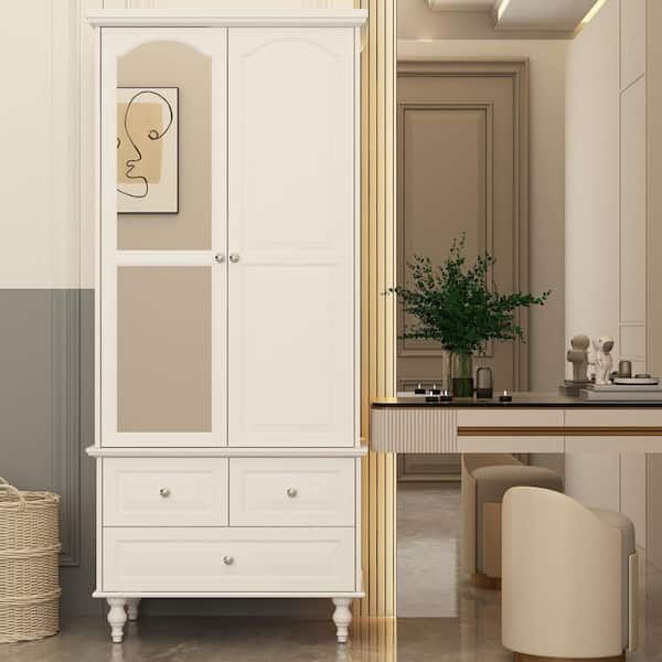 Fufu&gaga White Wooden Wardrobe Armoires W/ Mirror,hanging Rods,  Drawers,adjustable Shelves( 19.7 In. D X 31.5 In. W X 70.9 In (View 12 of 15)