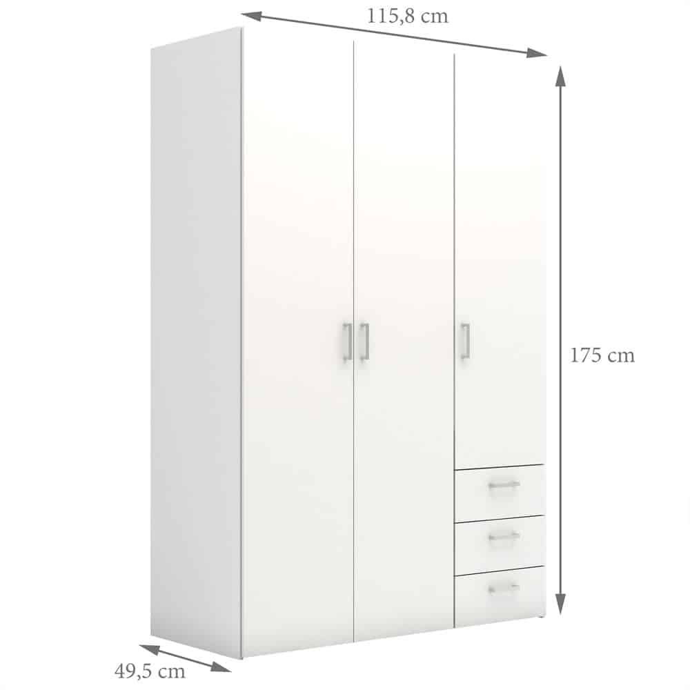 Furniture To Go Space 3 Door Wardrobe 3 Drawers White | The Home & Office  Stores Regarding 3 Door White Wardrobes With Drawers (Photo 9 of 15)