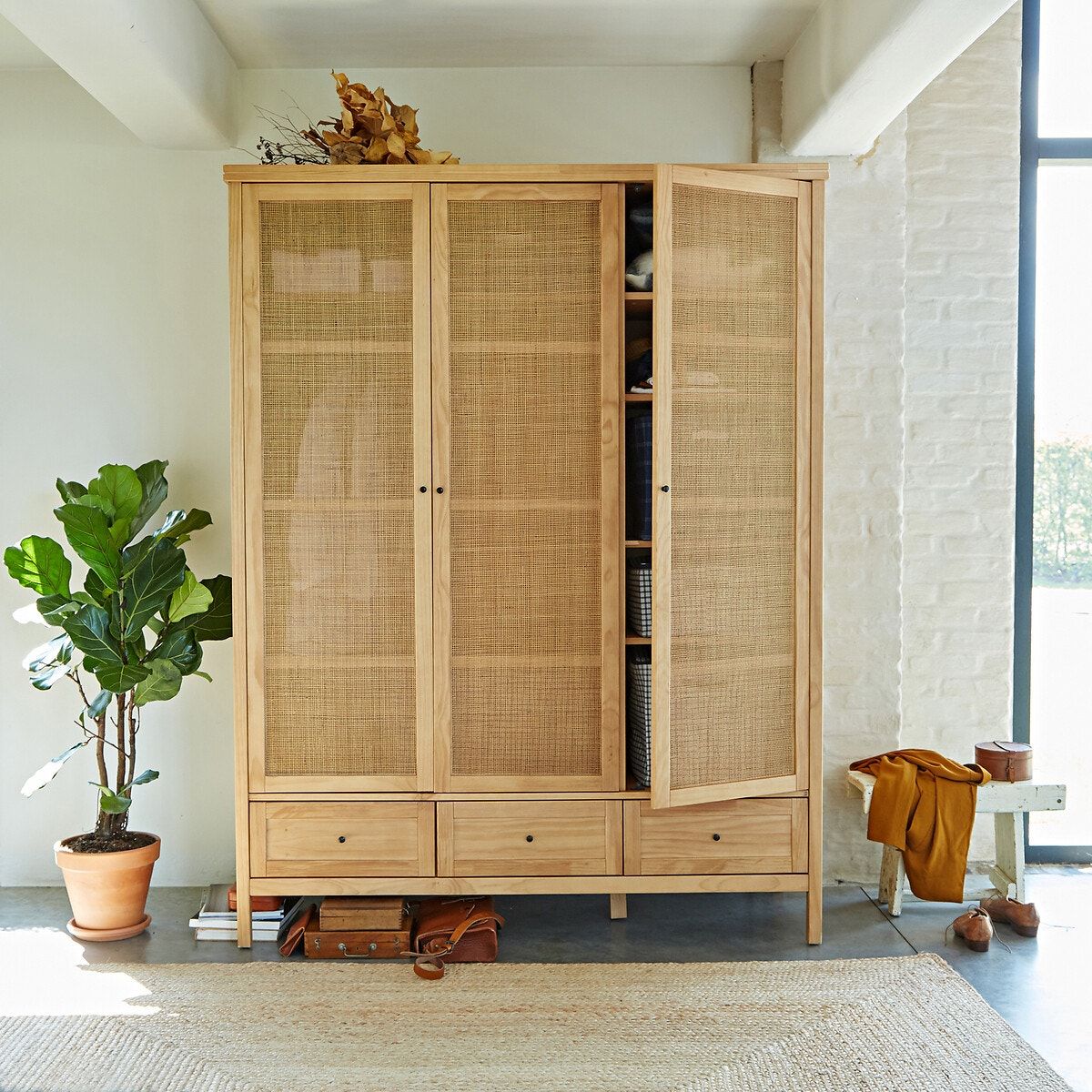 Gabin Solid Pine & Rattan Triple Wardrobe Natural La Redoute Interieurs |  La Redoute For Wicker Armoire Wardrobes (Photo 11 of 15)