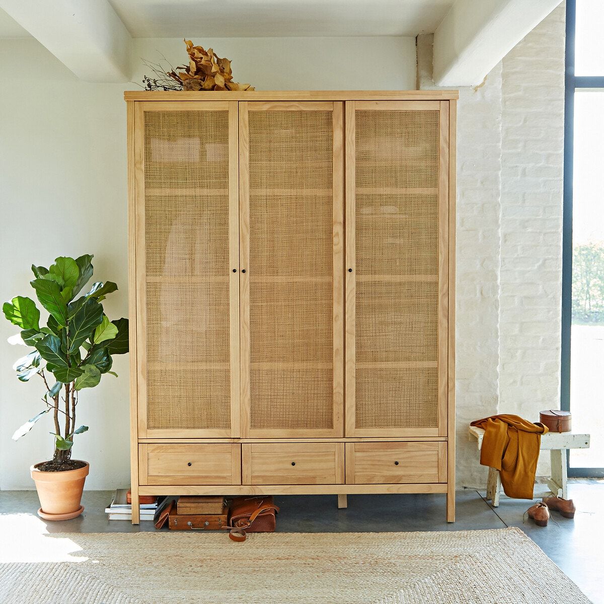 Gabin Solid Pine & Rattan Triple Wardrobe Natural La Redoute Interieurs |  La Redoute With Rattan Wardrobes (View 3 of 15)