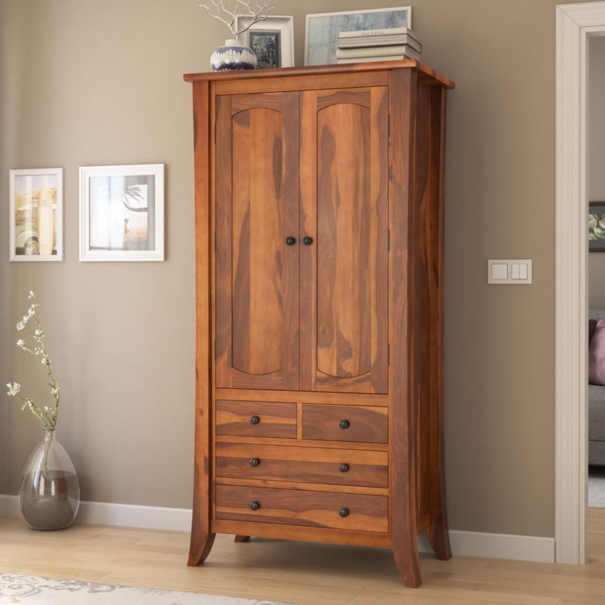 Georgia Rustic Solid Wood Wardrobe Armoire Closet With 4 Drawers In Cheap Solid Wood Wardrobes (View 3 of 11)