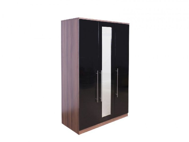 Gfw Modular 3 Door Walnut And Black Gloss Wardrobe With Mirrorgfw In 3 Door Black Gloss Wardrobes (Photo 3 of 15)