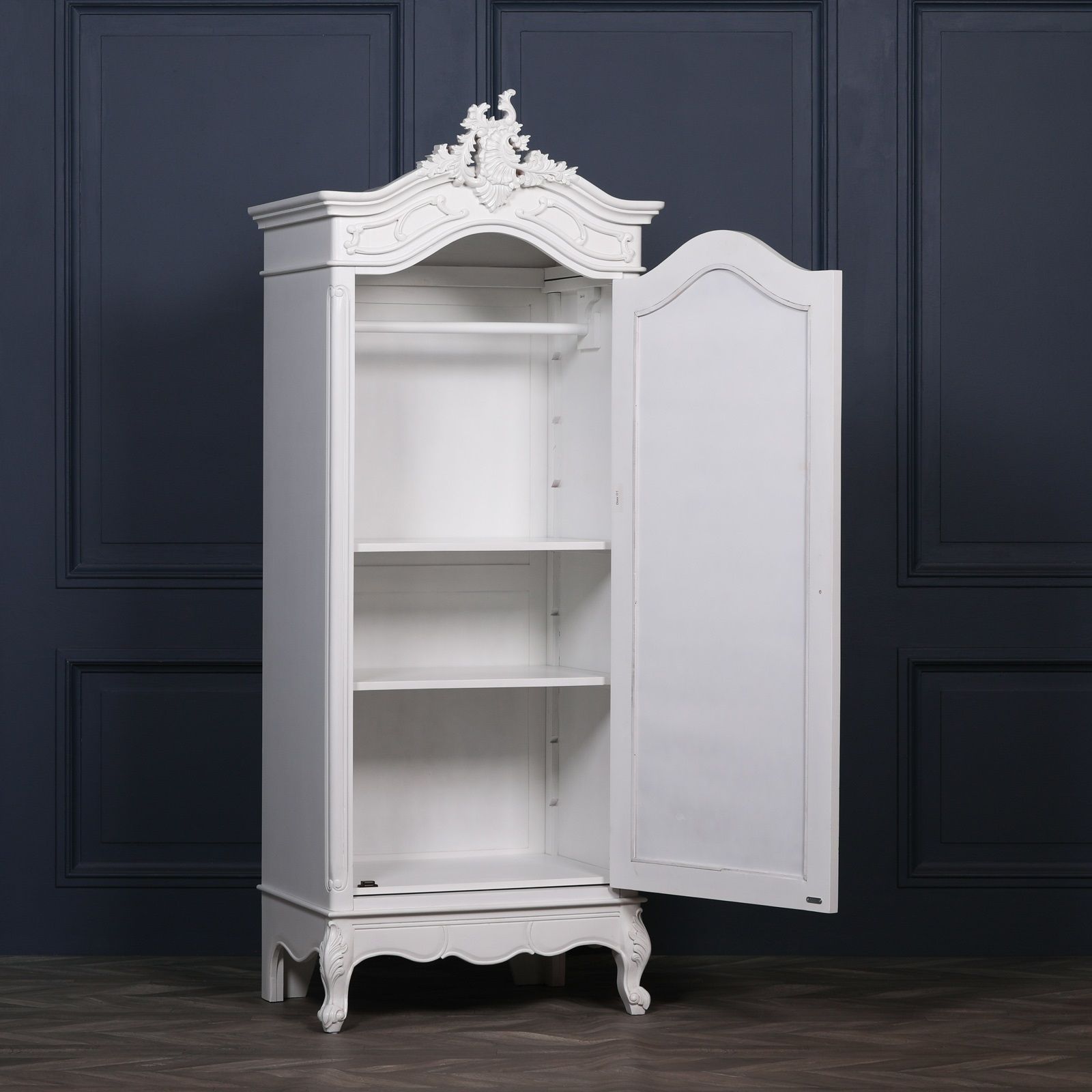 Hand Carved French White Single Armoire Wardrobe Mirror Door Within White Single Door Wardrobes (View 8 of 15)
