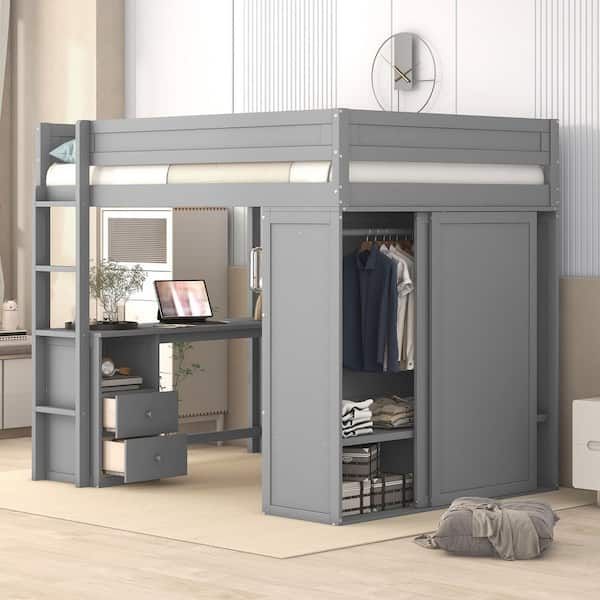 Harper & Bright Designs Gray Full Size Wood Loft Bed With Wardrobe, 2 Drawer  Desk And Cabinet Qhs148aae F – The Home Depot Pertaining To 2 Separable Wardrobes (View 10 of 15)