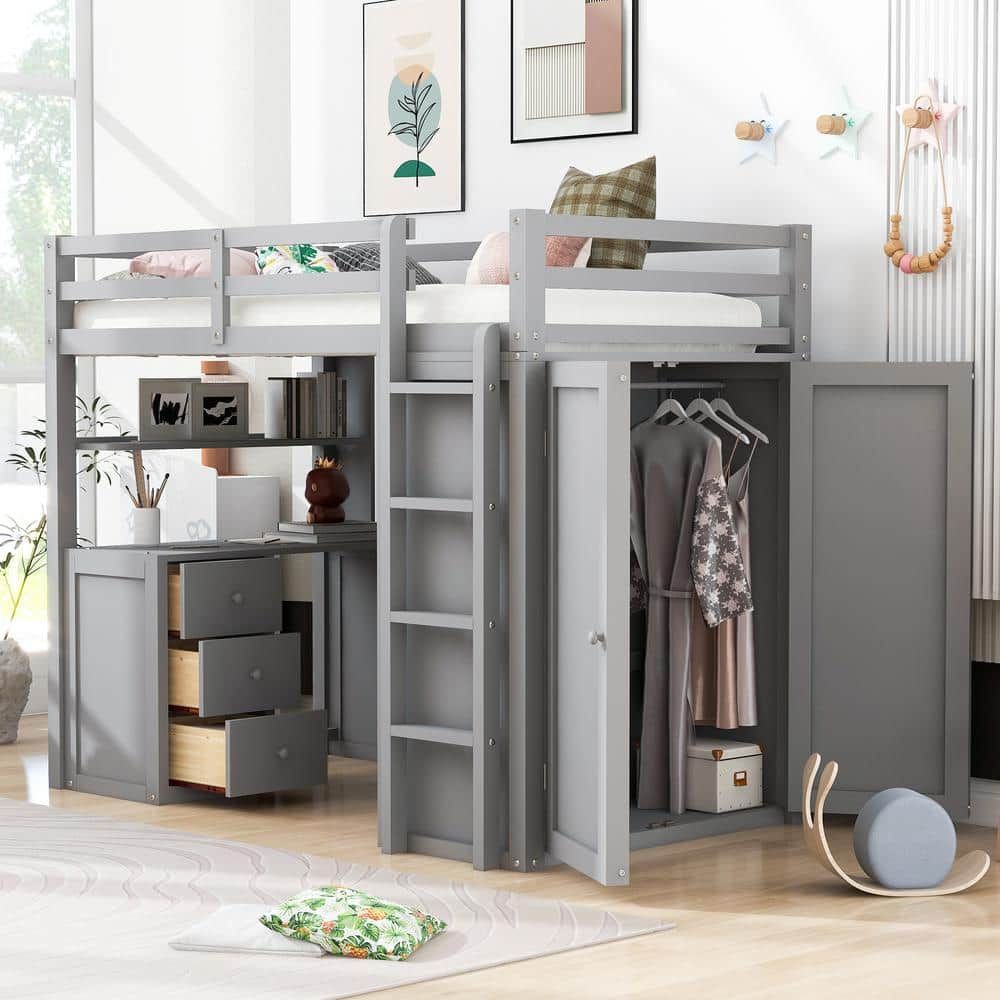 Harper & Bright Designs Gray Twin Size Loft Bed With Drawers, Desk And  Wardrobe Qmy056aae – The Home Depot Pertaining To High Sleeper Bed With Wardrobes (View 7 of 8)