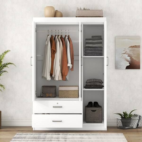 Harper & Bright Designs White Wood 41.3 In. 3 Door Wardrobe Armoires With  Hanging Rod, 2 Drawers, And Storage Shelves Qmy146aak – The Home Depot Within 3 Door Wardrobes With Drawers And Shelves (Photo 5 of 15)