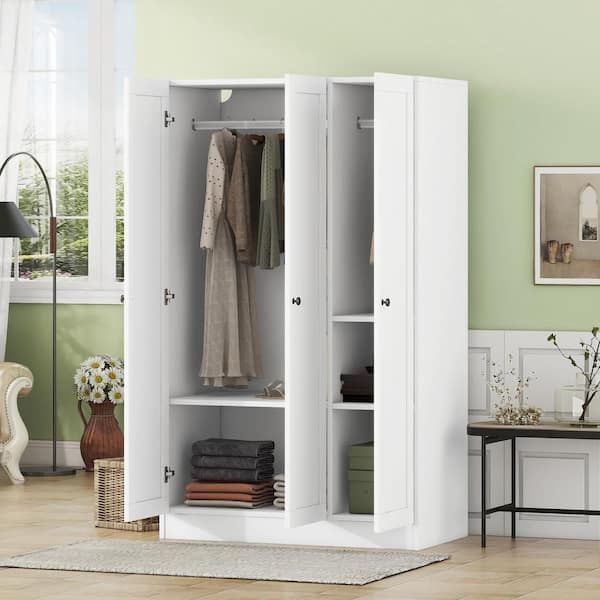 Harper & Bright Designs White Wood 41.4 In. 3 Door Wardrobe Armoire With 5  Storage Shelves And 2 Hanging Rails Qmy180aak – The Home Depot With Regard To 3 Door Wardrobes (Photo 14 of 15)