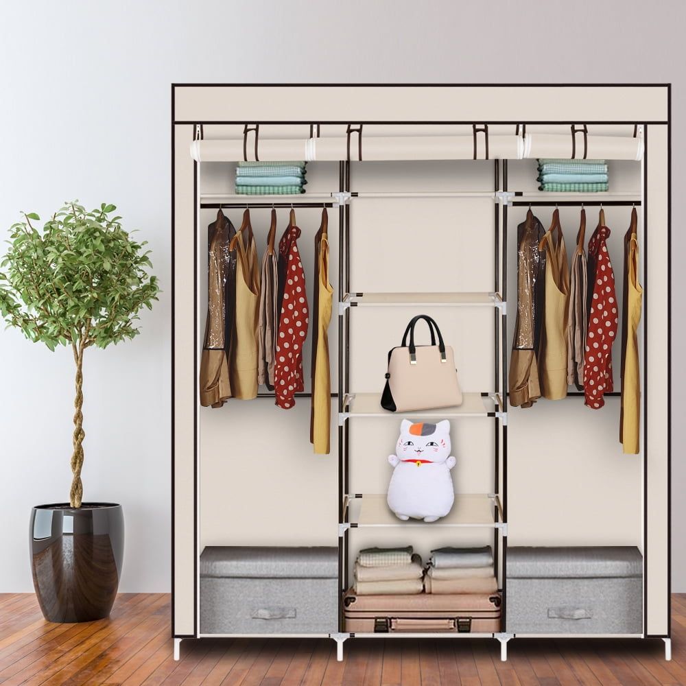 Hassch 5 Tiers Wardrobe Closet Portable Clothes Storage Organizer With  Double Hanging Rod For Bedroom, Beige – Walmart For 5 Tiers Wardrobes (View 2 of 15)